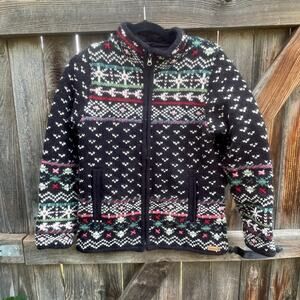 LAUNDROMAT wool Fair Isle Cardigan SWEATER black Nepal small fleece lining